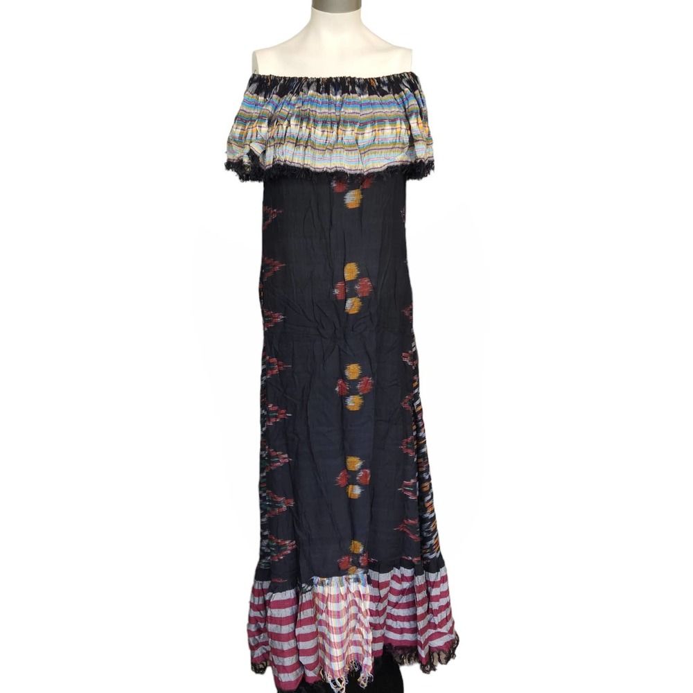 Off-Shoulder Black Floral Maxi Dress with Striped Ruffle Trim